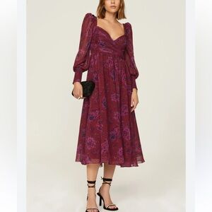 Badgley Mischka Red and Purple Long Sleeve Open Back MIDI Dress 0